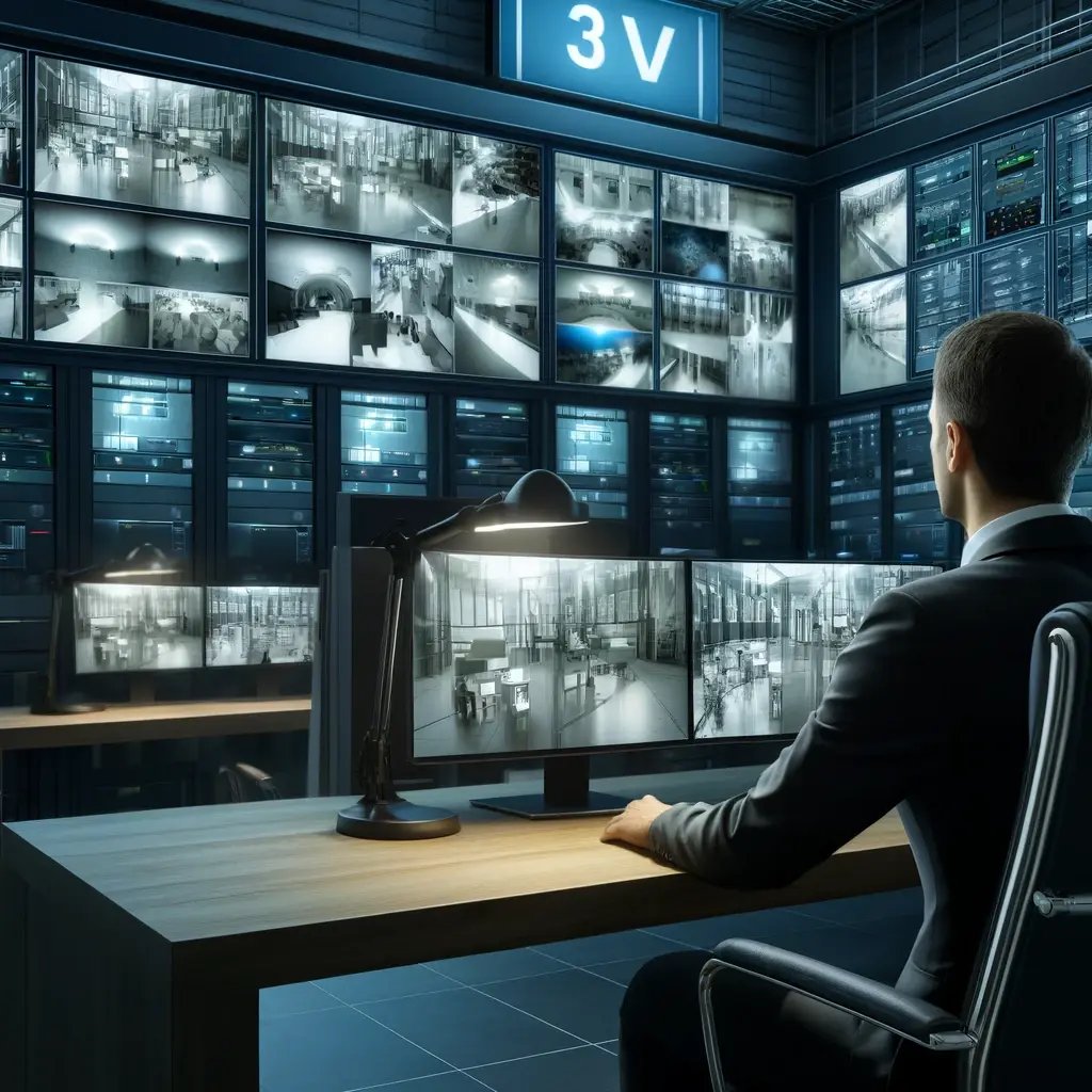 DALL·E 2024-06-13 21.41.37 - A high-resolution image of a modern security control room with multiple monitors displaying live camera feeds. The control room is sleek and professio