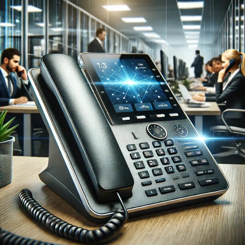 DALL·E 2024-06-13 22.11.00 - A high-resolution close-up image of a high-tech office phone in use, capturing clear details of the device and a professional office setting. The phon